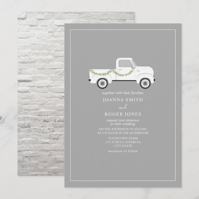 Invitación Boda de camiones blancos de época (Anverso / Reverso)