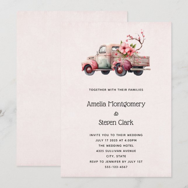 Invitación Boda de camiones de granjeros de cosecha rosa (Anverso / Reverso)