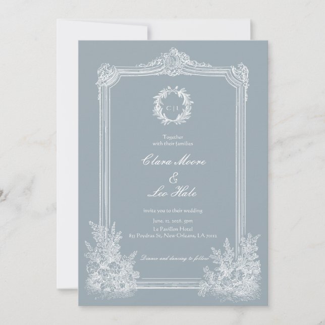Invitación Boda de Campo Azul Pizarra Francés (Anverso)
