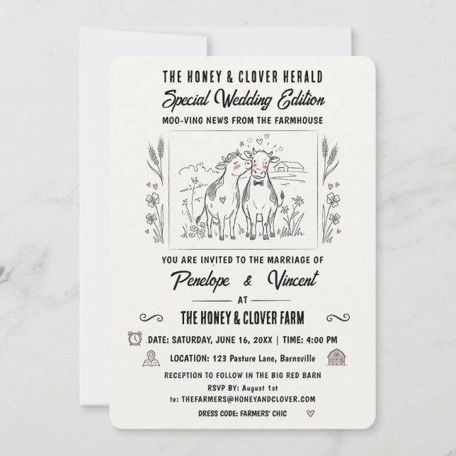 Invitación Boda de Campo Besando Vacas (Anverso)