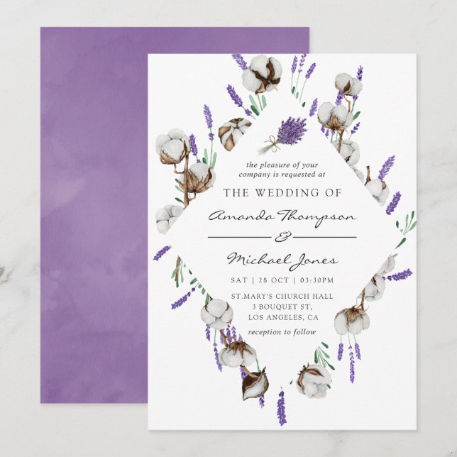 Invitación Boda de Campo de Algodón de Acuarela Lavanda (Anverso / Reverso)