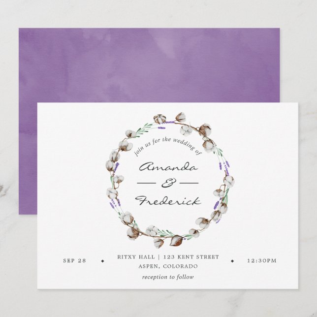 Invitación Boda de Campo de Algodón Lavanda con Acuarela (Anverso / Reverso)