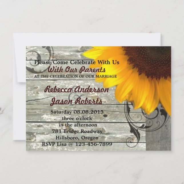 Invitación boda de campo de boda de girasol de madera de palo (Reverso)