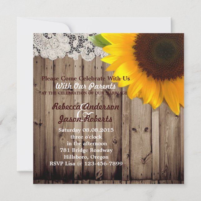 Invitación boda de campo de boda de girasol de madera de palo (Reverso)