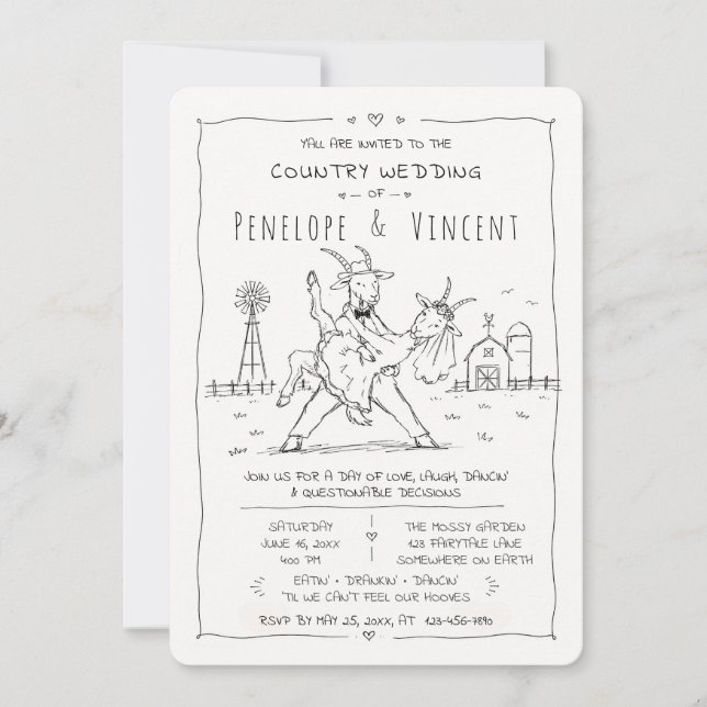 Invitación Boda de campo de cabras bailarinas (Anverso)