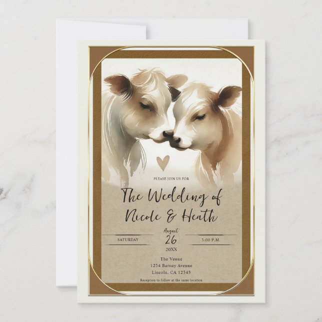Invitación Boda de campo de crema marrón de amor de vaca (Anverso)
