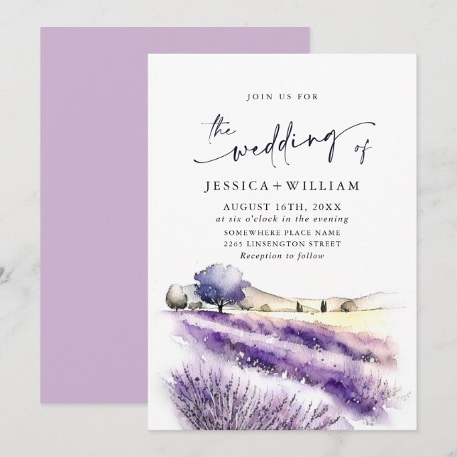 Invitación Boda de campo de flores de lavanda púrpura acuarel (Anverso / Reverso)