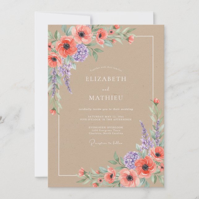 Invitación Boda de Campo de Flores Silvestres Marrones (Anverso)