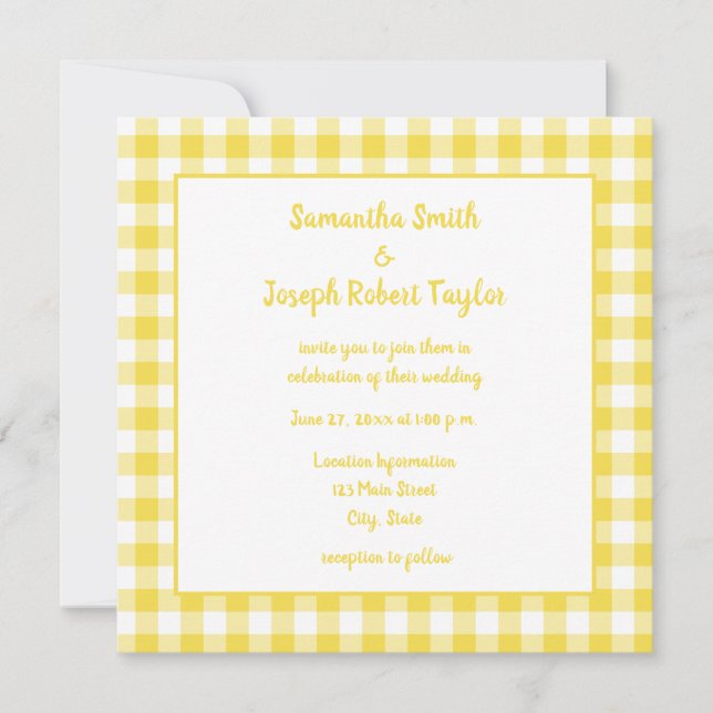 Invitación Boda de campo de Gingham de verano amarillo (Anverso)