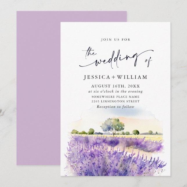 Invitación Boda de campo de lavadora púrpura acuarela (Anverso / Reverso)