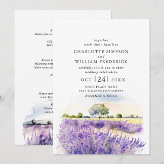 Invitación Boda de Campo de Lavanda con Acuarela Todo en Uno