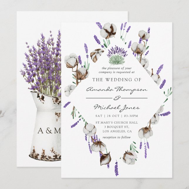 Invitación Boda de campo de lavanda de algodón acuarela (Anverso / Reverso)