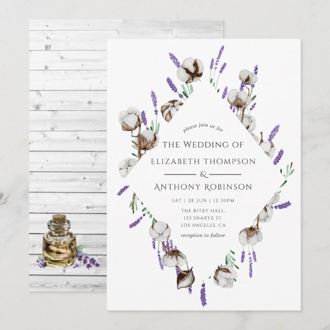 Invitación Boda de campo de lavanda de algodón con acuarela r (Anverso / Reverso)