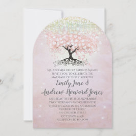 Invitación Boda de campo en árbol de hojas de corazón rosado