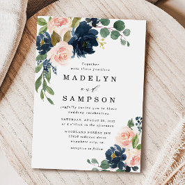 Invitación Boda de campo floral rosa azul marina y Rubor