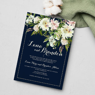 Invitación Boda de campo florido rosa azul marino