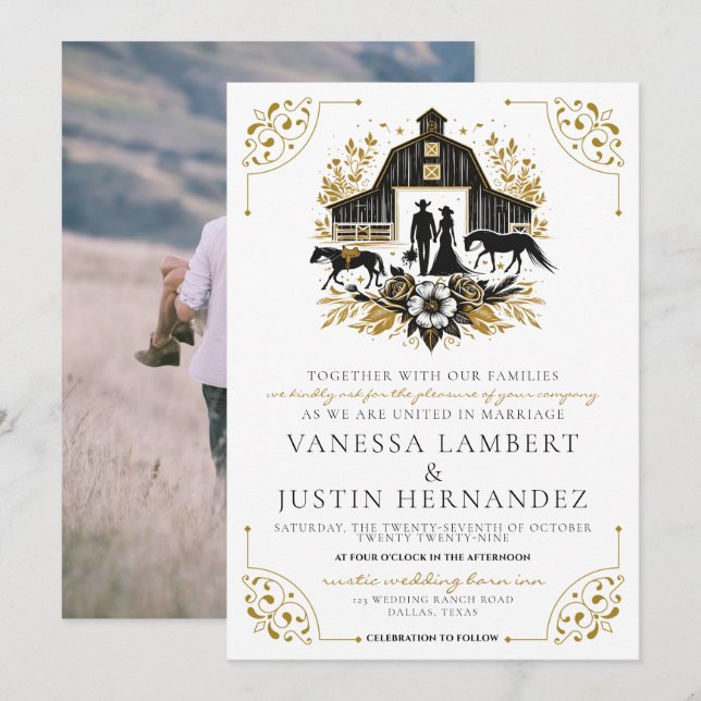 Invitación Boda de campo negra y dorada (Anverso / Reverso)