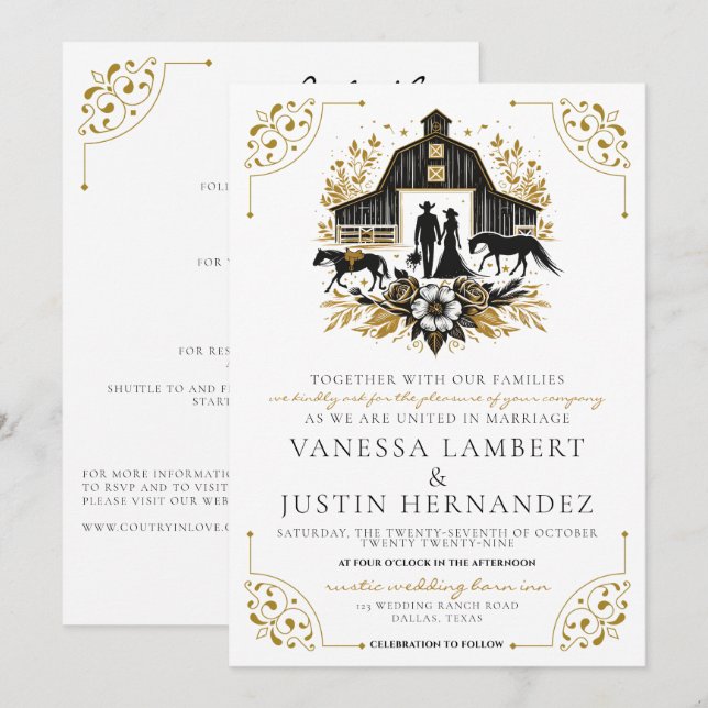 Invitación Boda de campo negra y dorada con detalles (Anverso / Reverso)