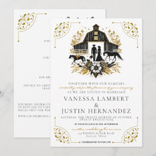 Invitación Boda de campo negra y dorada con detalles