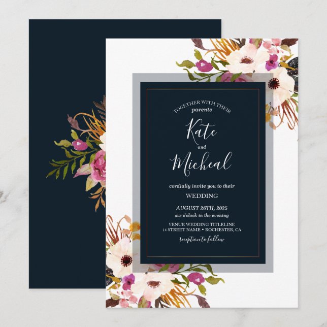 Invitación Boda de campo rosado de Rubor de oro azul borgoña (Anverso / Reverso)