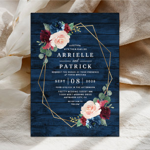 Invitación Boda de campo rosado de Rubor de oro azul borgoña