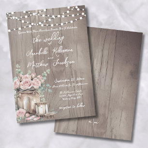 Invitación Boda de Campo Rosas Rosadas Madera Rústica