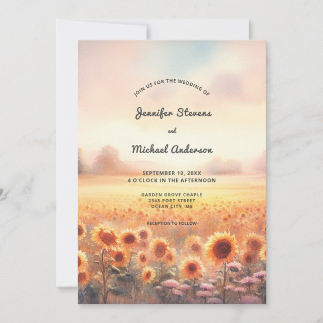 Invitación Boda de campo rústica con girasoles al estilo boho (Anverso)