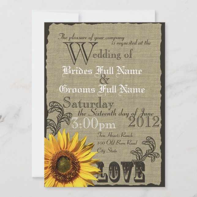 Invitación Boda de campo rústica de girasol occidental (Anverso)