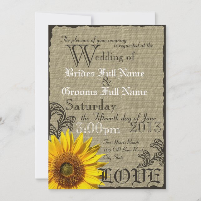Invitación Boda de campo rústica de girasol occidental (Anverso)