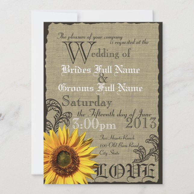Invitación Boda de campo rústica de girasol occidental (Anverso)
