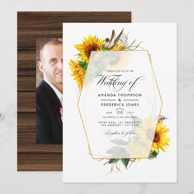 Invitación Boda de Campo Rústica de Girasoles Geométricos (Anverso / Reverso)