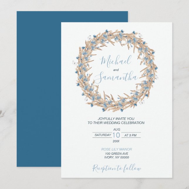 Invitación Boda de campos de campo azul en polvo (Anverso / Reverso)