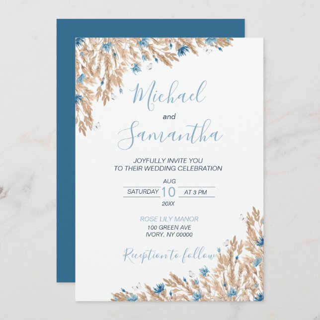 Invitación Boda de campos de campo azul en polvo (Anverso / Reverso)