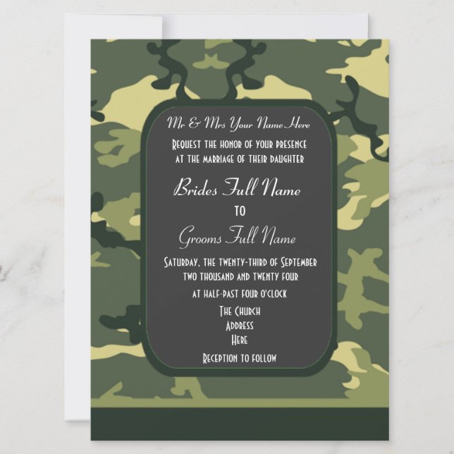 Invitación boda de camuflaje militar verde (Anverso)