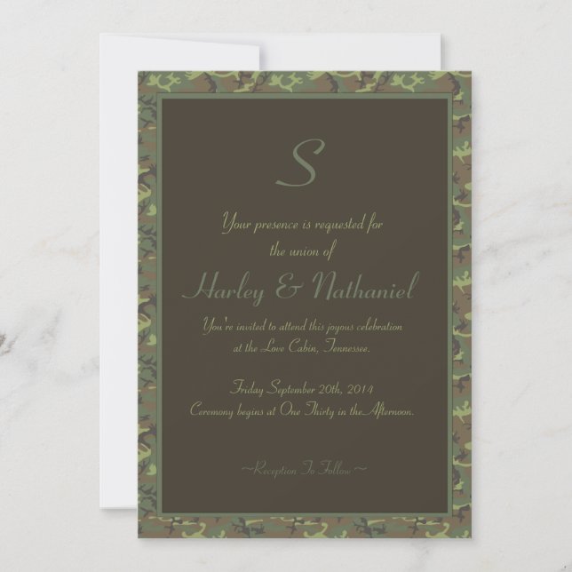 Invitación Boda de camuflaje monogramado (Anverso)