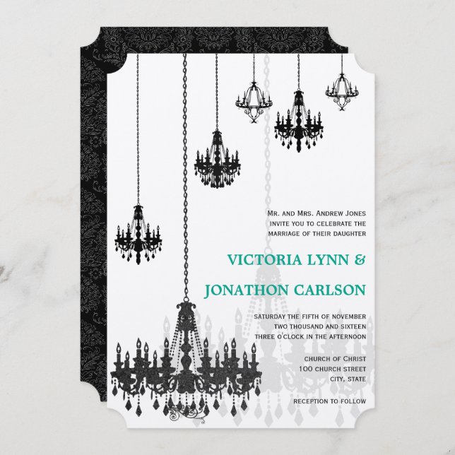 Invitación Boda de candelabros de damasquinados verdes de la  (Anverso / Reverso)