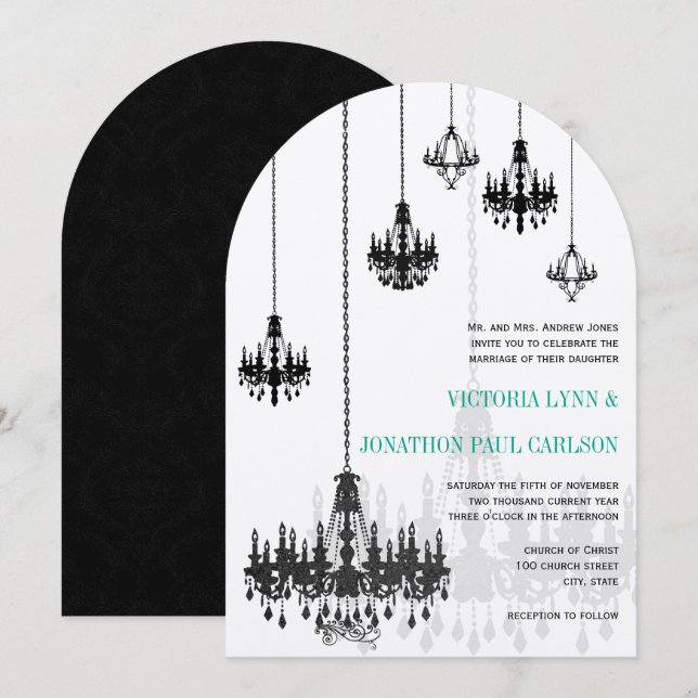 Invitación Boda de candelabros de damasquinados verdes de la  (Anverso / Reverso)