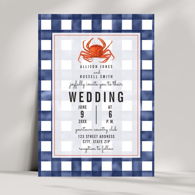 Invitación Boda de cangrejo de Gingham azul (Subido por el creador)