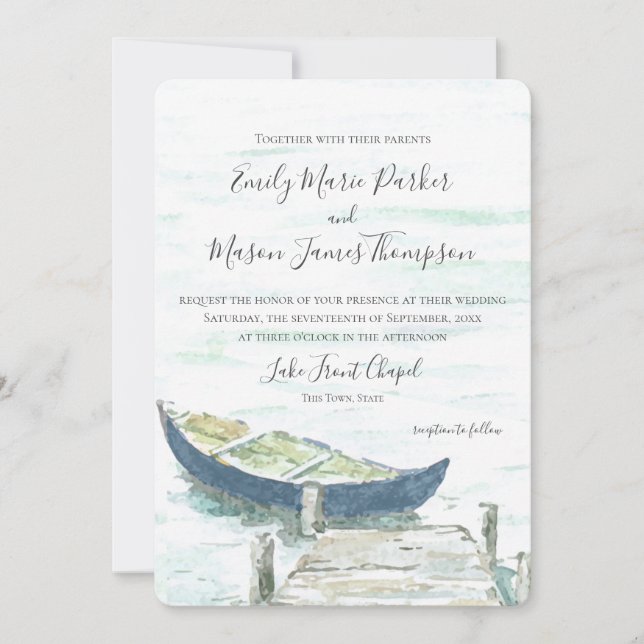 Invitación Boda de canoa azul del lago acuático (Anverso)
