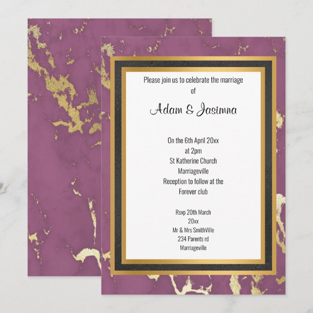 INVITACIÓN BODA DE CAPA DE MÁRMOL DE ORO DE PURPLE DE PÚRPLE  (Anverso / Reverso)