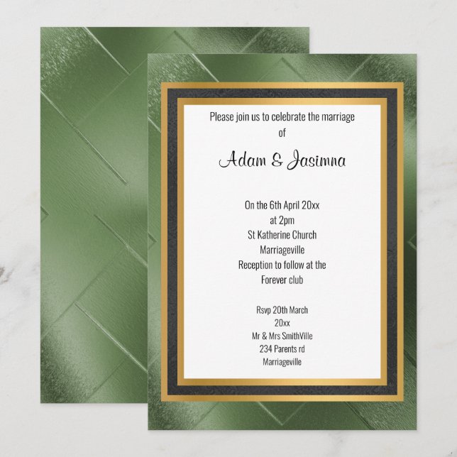 INVITACIÓN BODA DE CAPA DE ORO NEGRO VERDE CLÁSICA REGAL (Anverso / Reverso)