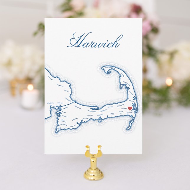 Invitación Boda de Cape Cod editable Table Town Cards Harwich (Harwich Cape Cod Wedding Table Town Name Cards with elegant navy blue map for Wequassett Resort)