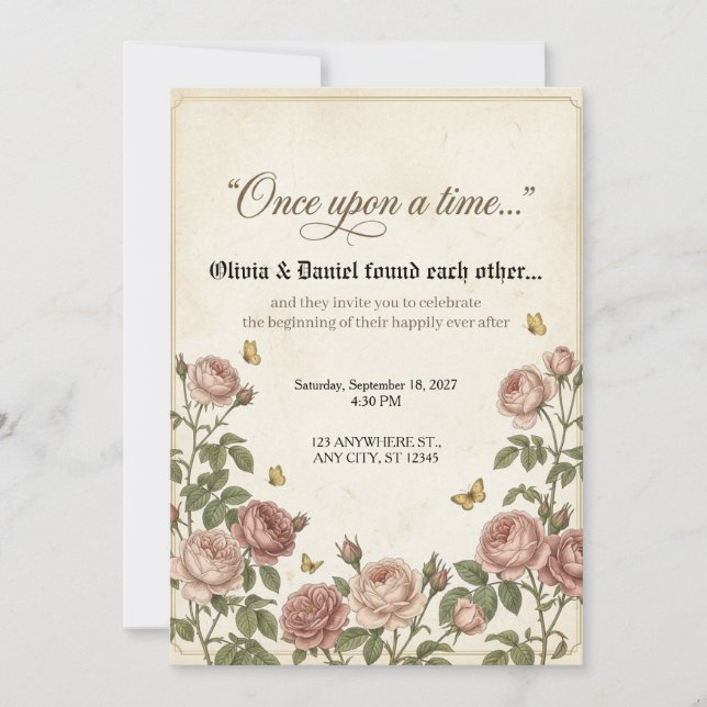 Invitación Boda de Capítulo de Cuento de Hadas de Rosa Antigu (Anverso)