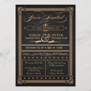 Invitación Boda de carbón vegetal y oro estilo póster vintage