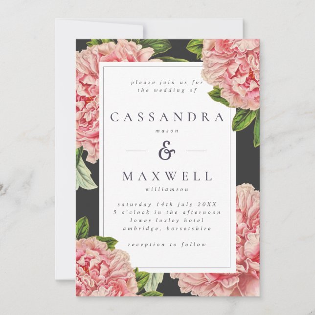 Invitación Boda de carbón vegetal y peonía rosada Moody Vinta (Anverso)