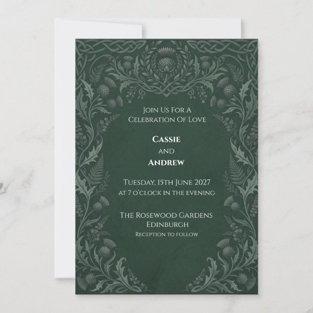 Invitación Boda de Cardo Celta Verde Oscuro (Anverso)
