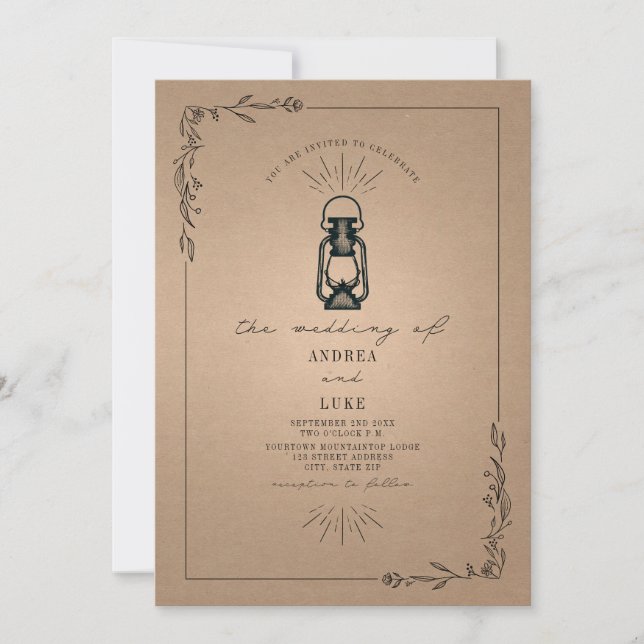 Invitación Boda de Cardstock Botánico Rústico de Linterna Vin (Anverso)