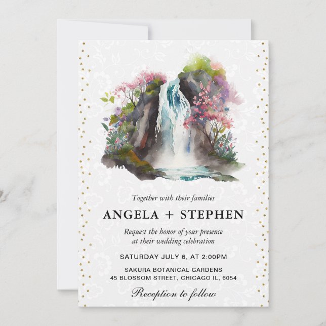 Invitación Boda de Cascada de Primavera Floral con Acuarela (Anverso)