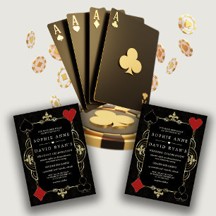 Invitación Boda de Casino Vegas de Poker Art Déco de Oro Negr
