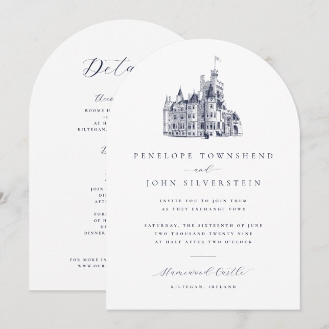 Invitación Boda de Castillo Antiguo con Arco Doble (Anverso / Reverso)